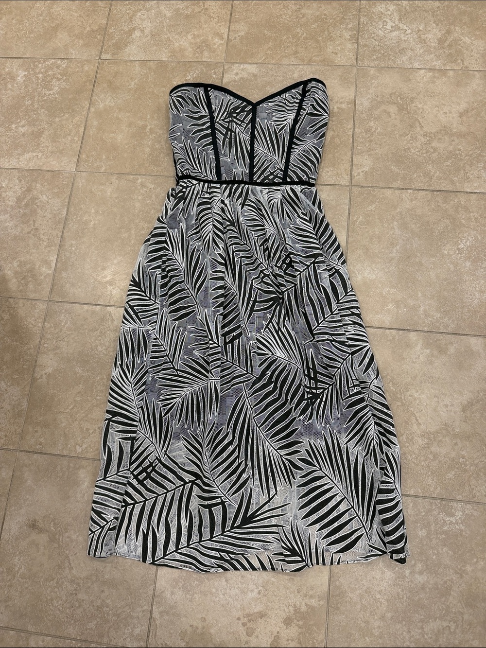 Parker Black & White Strapless Palm-Print Midi Dress